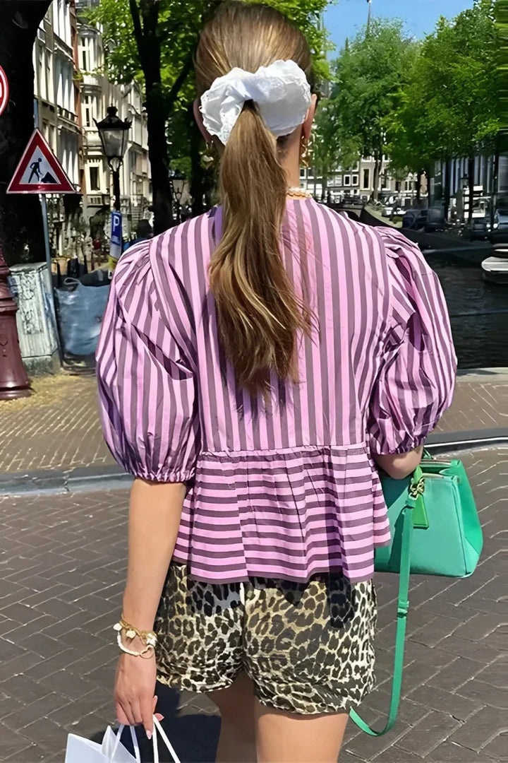 Sofia™ | Blusa a Peplum a Righe con Maniche a Palloncino e Fiocchi