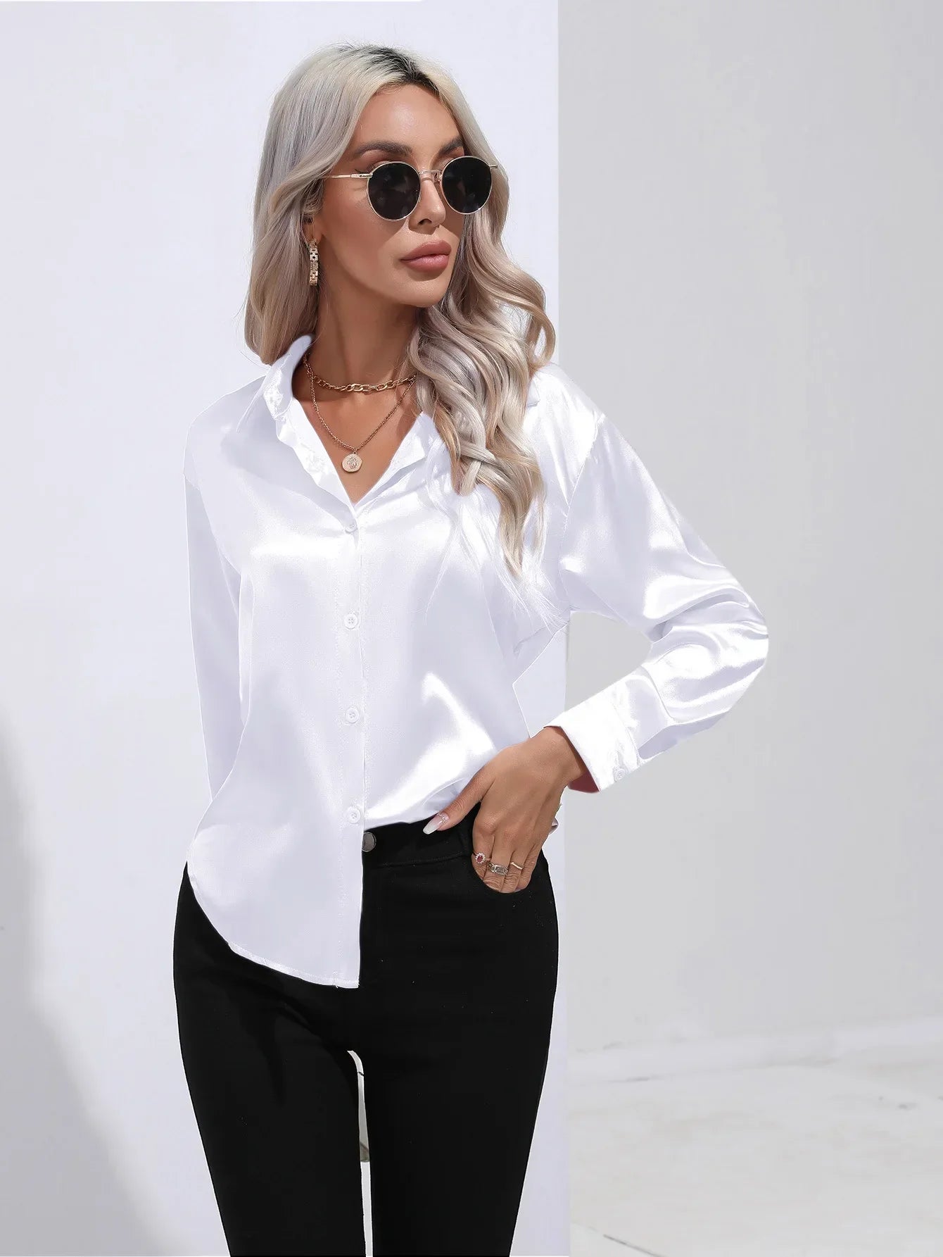 Victoria™ | Eleonora Satin Blouse with V-Neck & Long Sleeves