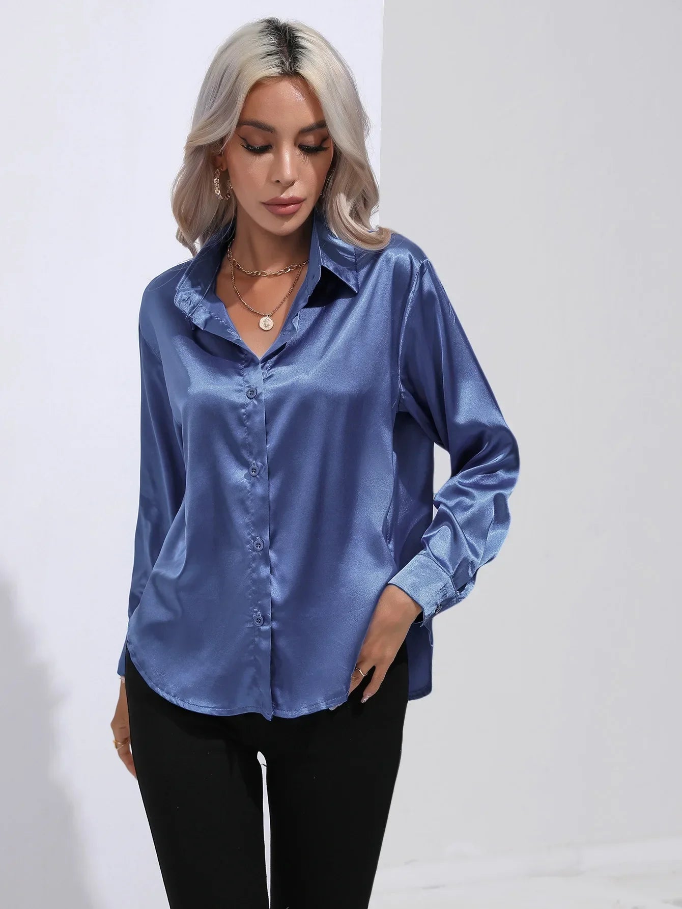 Victoria™ | Eleonora Satin Blouse with V-Neck & Long Sleeves