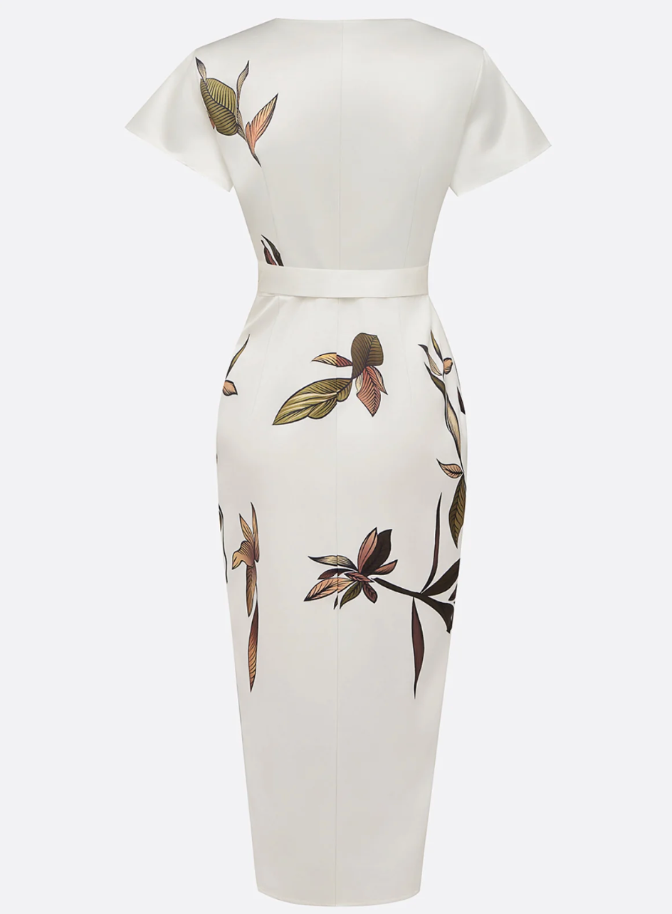 Sofia™ -Abito midi elegante in raso bianco con maniche corte e nodo laterale