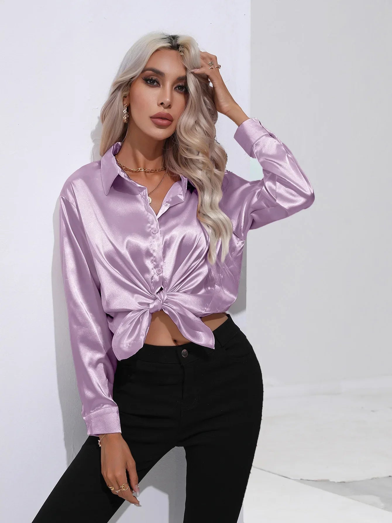 Victoria™ | Eleonora Satin Blouse with V-Neck & Long Sleeves