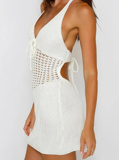 Victoria™ | Halter Neck Backless Knitted Mini Dress with Crocheted Waist