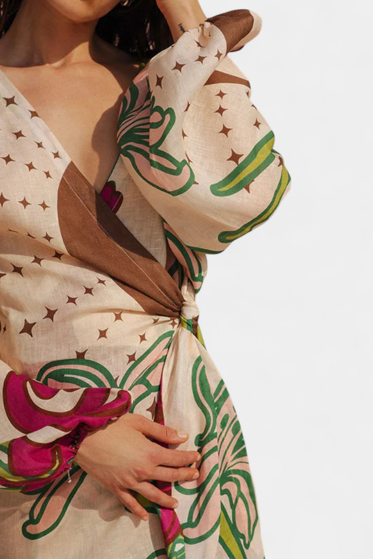 Fana Vestito Incrociato Stampato Floreale con Fiocco in Vita