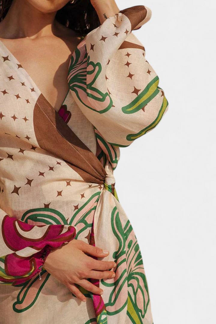 Fana Vestito Incrociato Stampato Floreale con Fiocco in Vita