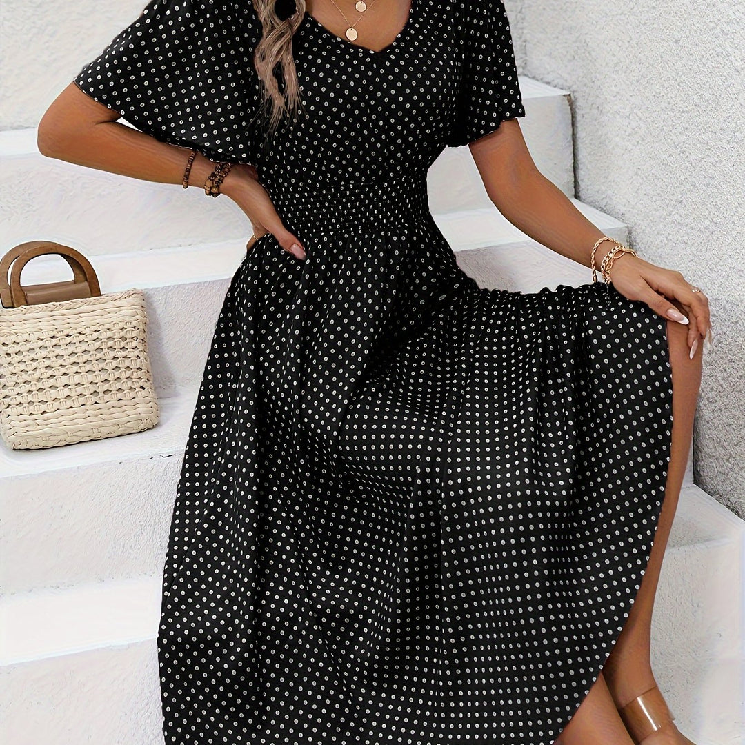 Chic Pink Polka Dot Midi Dress for Women - Casual V-Neck, Ruffle Sleeves, Cinched Waist Design, Lightweight Polyester, Perfect for Spring/Summer, Machine Washable