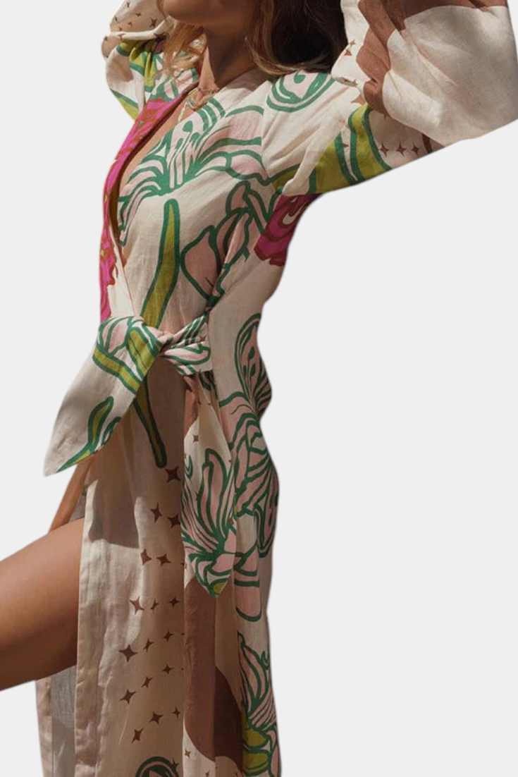 Fana Vestito Incrociato Stampato Floreale con Fiocco in Vita