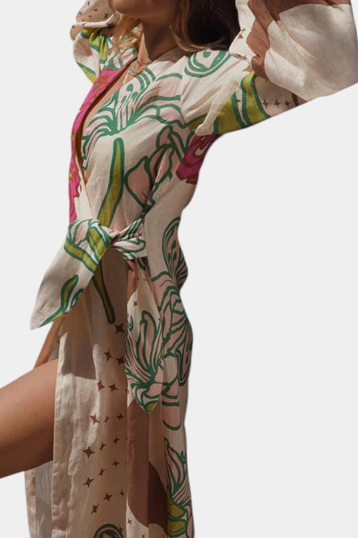 Fana Vestito Incrociato Stampato Floreale con Fiocco in Vita