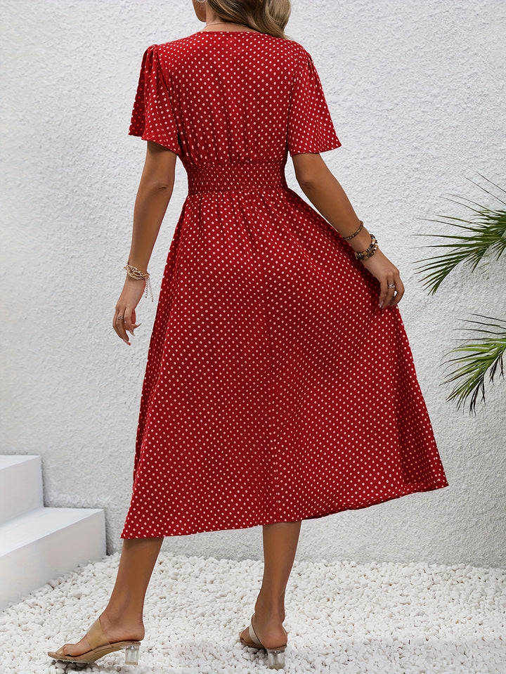 Chic Pink Polka Dot Midi Dress for Women - Casual V-Neck, Ruffle Sleeves, Cinched Waist Design, Lightweight Polyester, Perfect for Spring/Summer, Machine Washable
