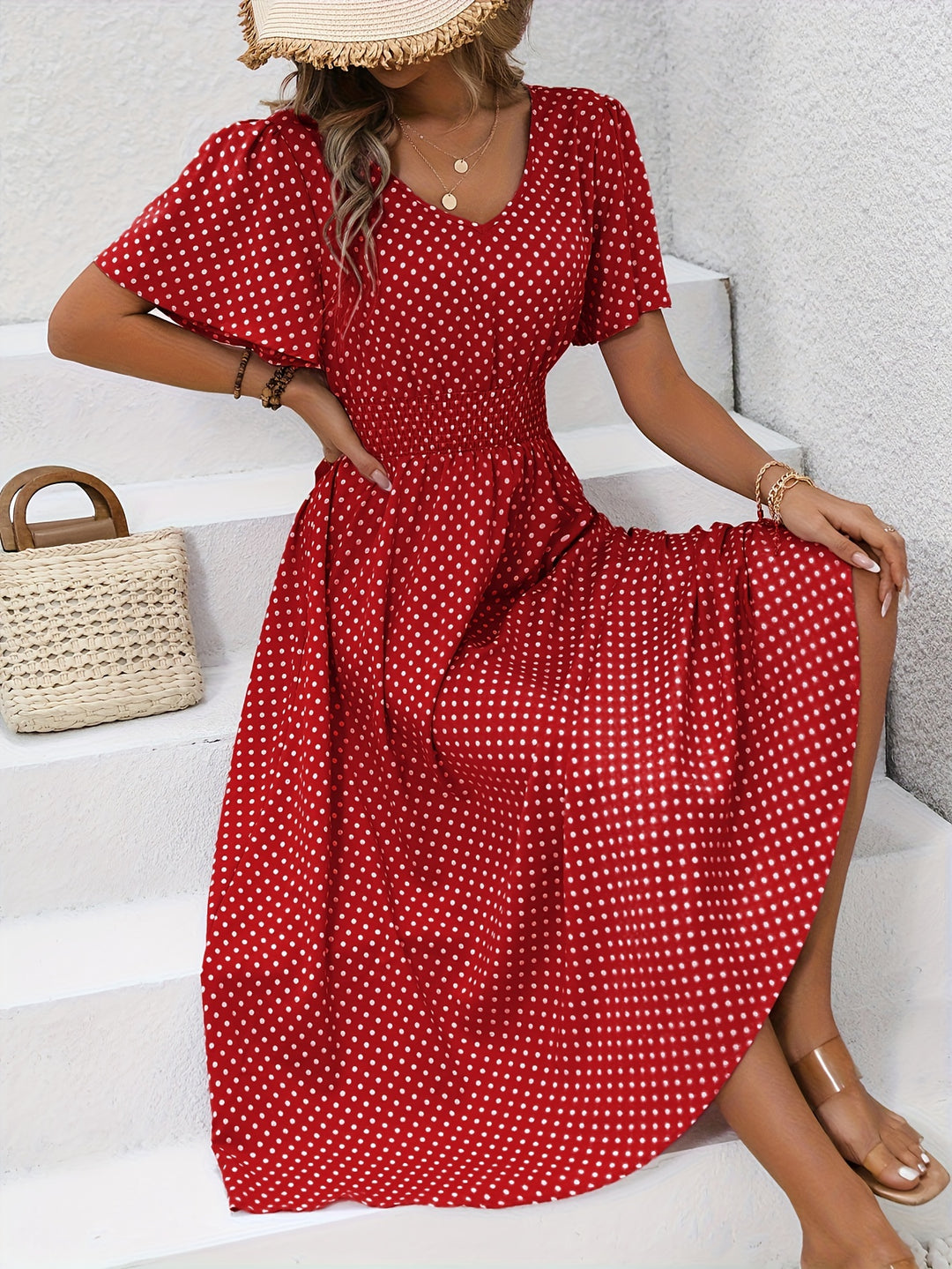 Chic Pink Polka Dot Midi Dress for Women - Casual V-Neck, Ruffle Sleeves, Cinched Waist Design, Lightweight Polyester, Perfect for Spring/Summer, Machine Washable