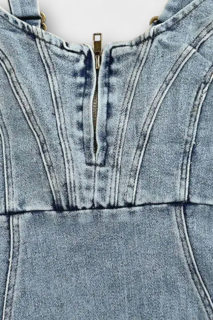 Vestito Janessa in Denim con Spalline Regolabili e Apertura Frontale