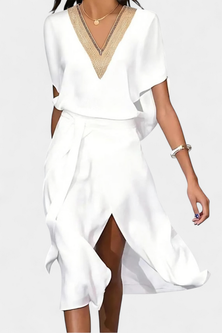 Effie Vestito Midi Bianco con Scollatura a V Ricamata