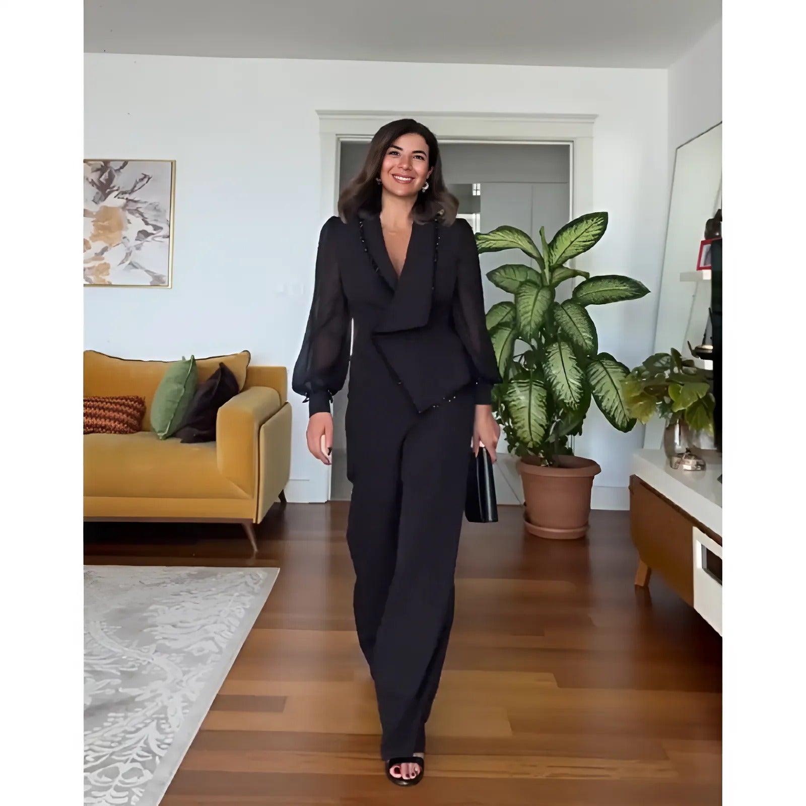 Victoria™ | Elegant Black Beaded Top and Wide-Leg Trousers (2-Piece Set)